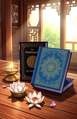 A serene and peaceful illustration depicting the sacred texts of Dhammapada and Japji, beautifully arranged on a wooden table