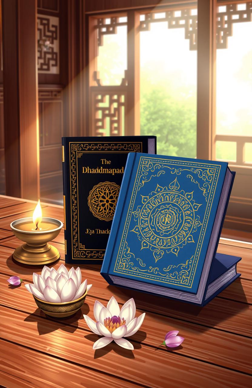 A serene and peaceful illustration depicting the sacred texts of Dhammapada and Japji, beautifully arranged on a wooden table