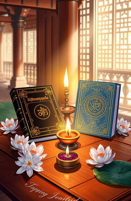 A serene and peaceful illustration depicting the sacred texts of Dhammapada and Japji, beautifully arranged on a wooden table