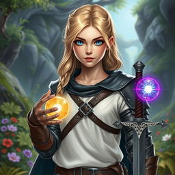 A young blond human female DnD character with vivid blue eyes, exuding confidence and strength