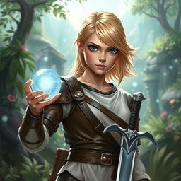 A young blond human female DnD character with vivid blue eyes, exuding confidence and strength