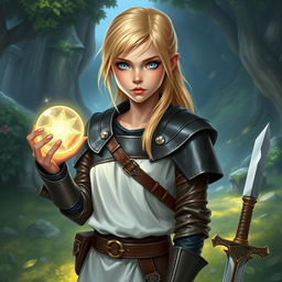 A young blond human female DnD character with vivid blue eyes, exuding confidence and strength