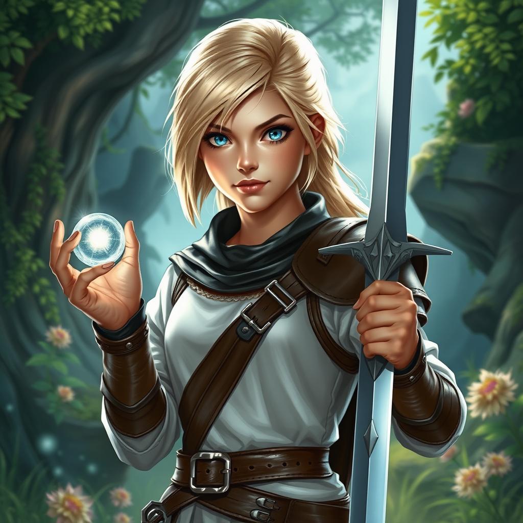 A young blond human female DnD character with vivid blue eyes, exuding confidence and strength