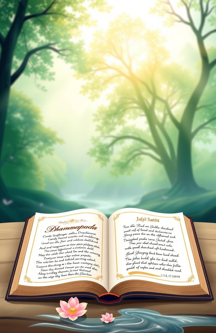 A serene and peaceful illustration of the Dhammapada and Japji Sahib, artistically represented side by side