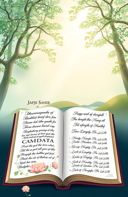 A serene and peaceful illustration of the Dhammapada and Japji Sahib, artistically represented side by side