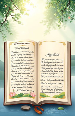 A serene and peaceful illustration of the Dhammapada and Japji Sahib, artistically represented side by side