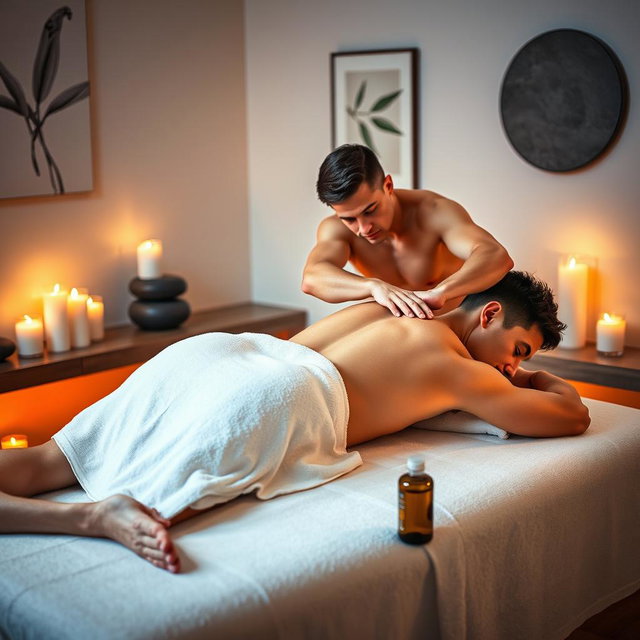 A serene spa setting featuring a semi-naked young man receiving a relaxing massage