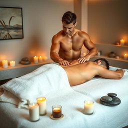 A serene spa setting featuring a semi-naked young man receiving a relaxing massage