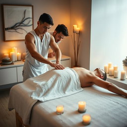 A serene spa setting featuring a semi-naked young man receiving a relaxing massage