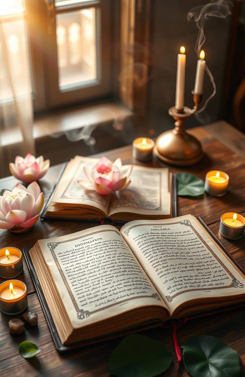A serene and peaceful scene depicting ancient texts, the Dhammapada and the Japji Sahib, laid elegantly on a wooden table surrounded by soft glowing candles
