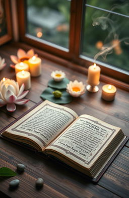 A serene and peaceful scene depicting ancient texts, the Dhammapada and the Japji Sahib, laid elegantly on a wooden table surrounded by soft glowing candles