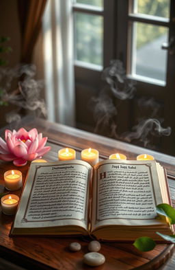 A serene and peaceful scene depicting ancient texts, the Dhammapada and the Japji Sahib, laid elegantly on a wooden table surrounded by soft glowing candles