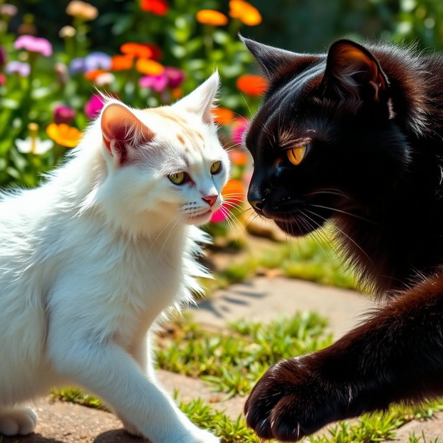 A dramatic scene depicting a white cat and a large black cat in a fierce standoff, showcasing their contrasting colors and expressions