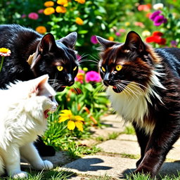 A dramatic scene depicting a white cat and a large black cat in a fierce standoff, showcasing their contrasting colors and expressions