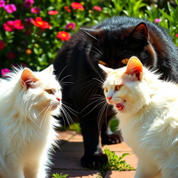 A dramatic scene depicting a white cat and a large black cat in a fierce standoff, showcasing their contrasting colors and expressions