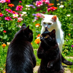 A dramatic scene depicting a white cat and a large black cat in a fierce standoff, showcasing their contrasting colors and expressions