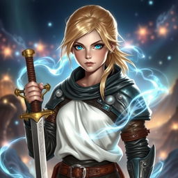 A young blond human female DnD character with vibrant blue eyes, exuding a sense of power and determination