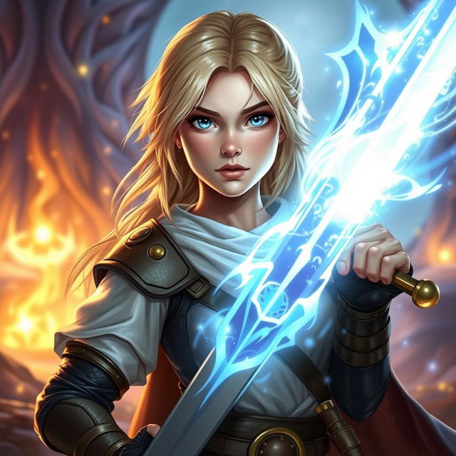 A young blond human female DnD character with vibrant blue eyes, exuding a sense of power and determination