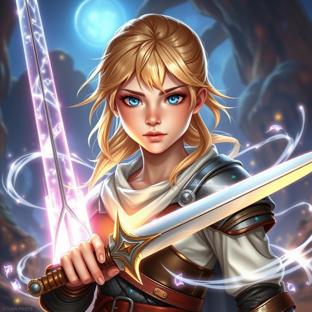 A young blond human female DnD character with vibrant blue eyes, exuding a sense of power and determination