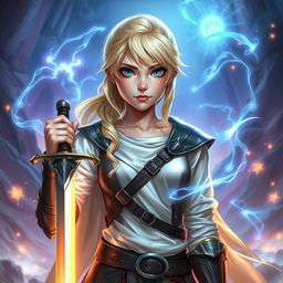 A young blond human female DnD character with vibrant blue eyes, exuding a sense of power and determination