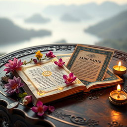 A visually stunning representation of the Dhammapada and the Japji Sahib, beautifully laid out on an ornate wooden table