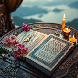 A visually stunning representation of the Dhammapada and the Japji Sahib, beautifully laid out on an ornate wooden table