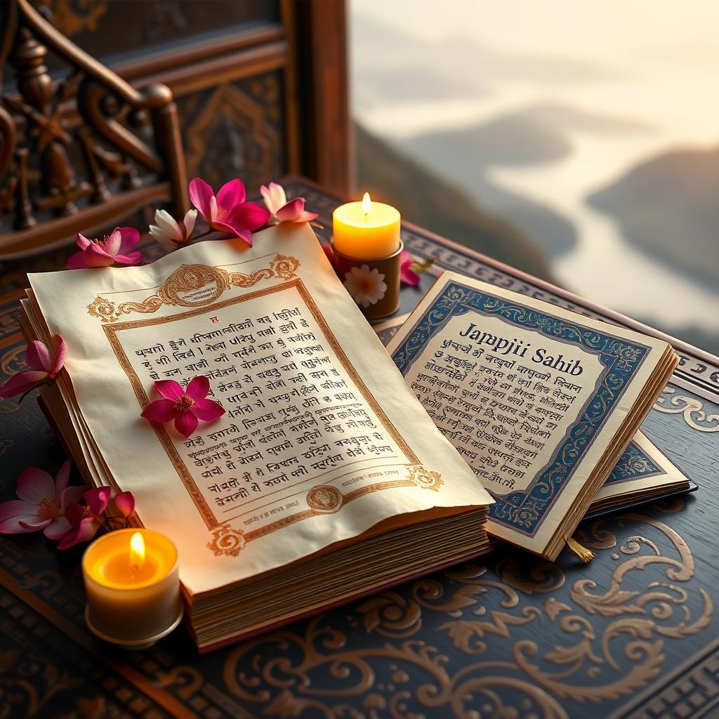 A visually stunning representation of the Dhammapada and the Japji Sahib, beautifully laid out on an ornate wooden table