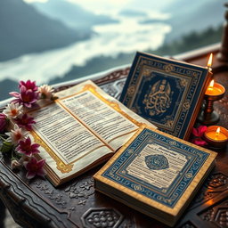 A visually stunning representation of the Dhammapada and the Japji Sahib, beautifully laid out on an ornate wooden table