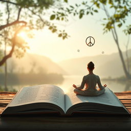 A serene and spiritual image depicting a peaceful setting for meditation, with an open book showing verses from the Dhammapada and Japji Sahib