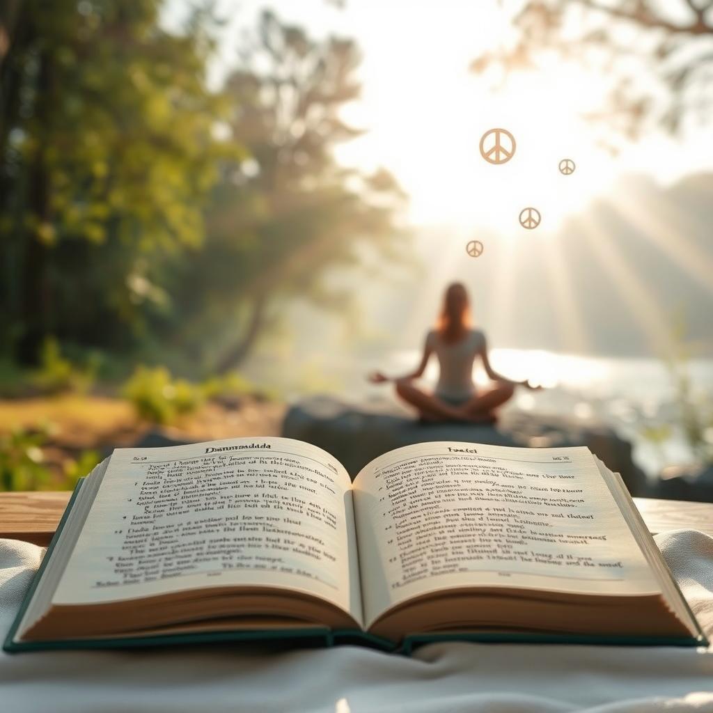 A serene and spiritual image depicting a peaceful setting for meditation, with an open book showing verses from the Dhammapada and Japji Sahib