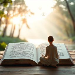 A serene and spiritual image depicting a peaceful setting for meditation, with an open book showing verses from the Dhammapada and Japji Sahib