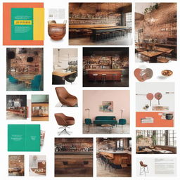 A vibrant and dynamic moodboard for a tech startup that caters to hipster cafes and bars. Accentuate vintage tech, chic cafe interiors, artisanal coffee and indie-bar scenes with rich and vivacious colors to create an energetic atmosphere.