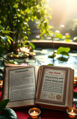 A serene and peaceful setting featuring an open ancient manuscript of Dhammapada and a beautifully ornate copy of Japji Sahib, surrounded by lush greenery and soft sunlight filtering through the leaves