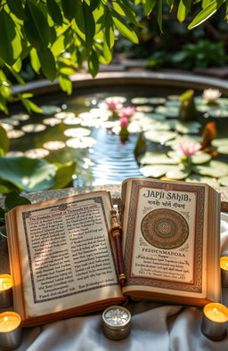 A serene and peaceful setting featuring an open ancient manuscript of Dhammapada and a beautifully ornate copy of Japji Sahib, surrounded by lush greenery and soft sunlight filtering through the leaves