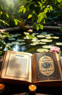 A serene and peaceful setting featuring an open ancient manuscript of Dhammapada and a beautifully ornate copy of Japji Sahib, surrounded by lush greenery and soft sunlight filtering through the leaves