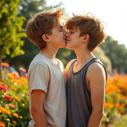 A romantic scene depicting a tender kiss between two teenage boys, showcasing an emotional connection