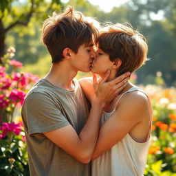 A romantic scene depicting a tender kiss between two teenage boys, showcasing an emotional connection