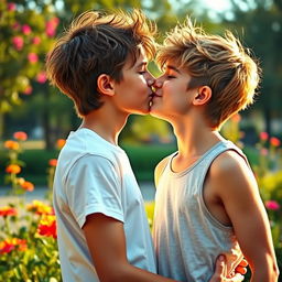 A romantic scene depicting a tender kiss between two teenage boys, showcasing an emotional connection