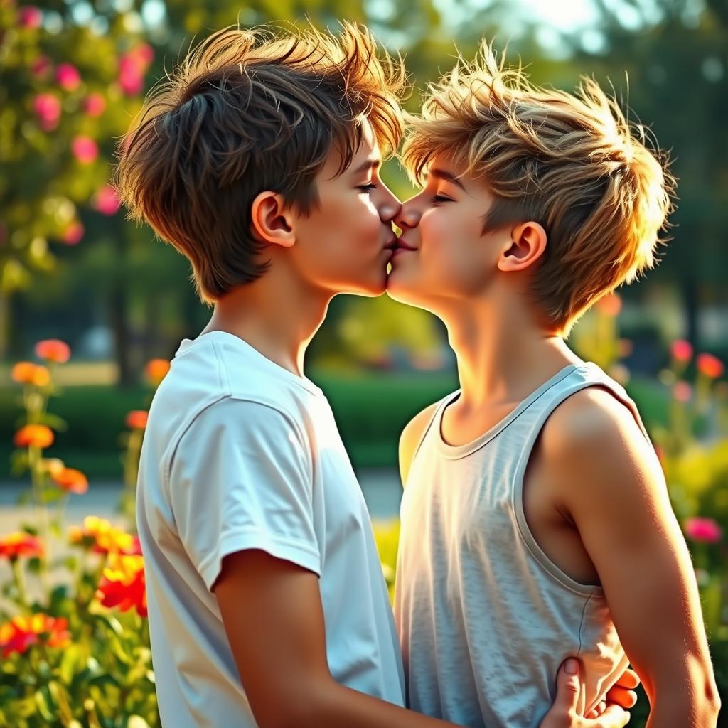 A romantic scene depicting a tender kiss between two teenage boys, showcasing an emotional connection