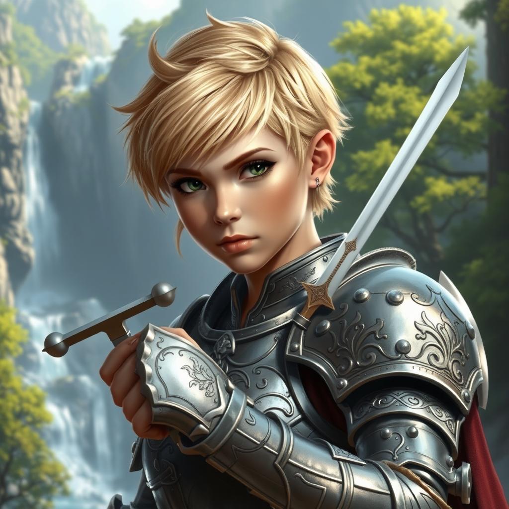 A young human female paladin, showcasing her strength and bravery, depicted in an enchanting fantasy realm