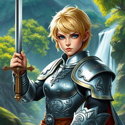 A young human female paladin, showcasing her strength and bravery, depicted in an enchanting fantasy realm