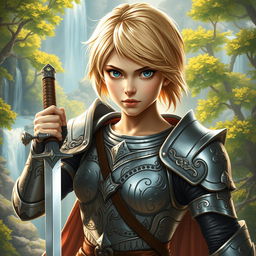 A young human female paladin, showcasing her strength and bravery, depicted in an enchanting fantasy realm