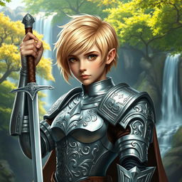 A young human female paladin, showcasing her strength and bravery, depicted in an enchanting fantasy realm
