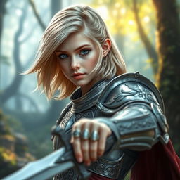 A young human female paladin, embodying bravery and determination, set in a captivating fantasy environment