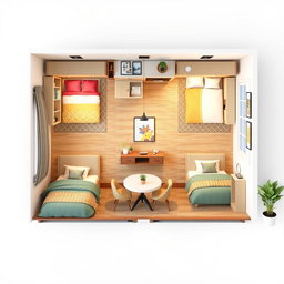 Diseño de un espacio interior que incluye dos habitaciones de niños y una habitación de matrimonio, además de un comedor, todo dentro de una superficie de 570 x 684 cm