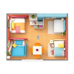 Diseño de un espacio interior que incluye dos habitaciones de niños y una habitación de matrimonio, además de un comedor, todo dentro de una superficie de 570 x 684 cm
