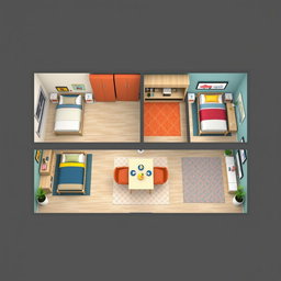 Diseño de un espacio interior que incluye dos habitaciones de niños y una habitación de matrimonio, además de un comedor, todo dentro de una superficie de 570 x 684 cm