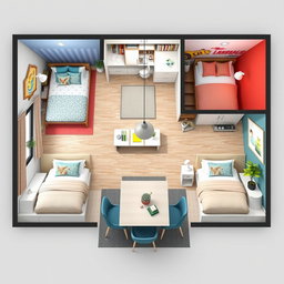 Diseño de un espacio interior que incluye dos habitaciones de niños y una habitación de matrimonio, además de un comedor, todo dentro de una superficie de 570 x 684 cm