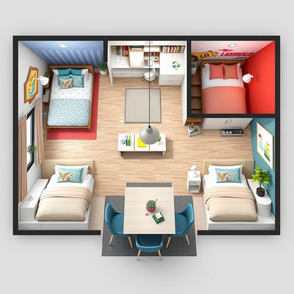 Diseño de un espacio interior que incluye dos habitaciones de niños y una habitación de matrimonio, además de un comedor, todo dentro de una superficie de 570 x 684 cm