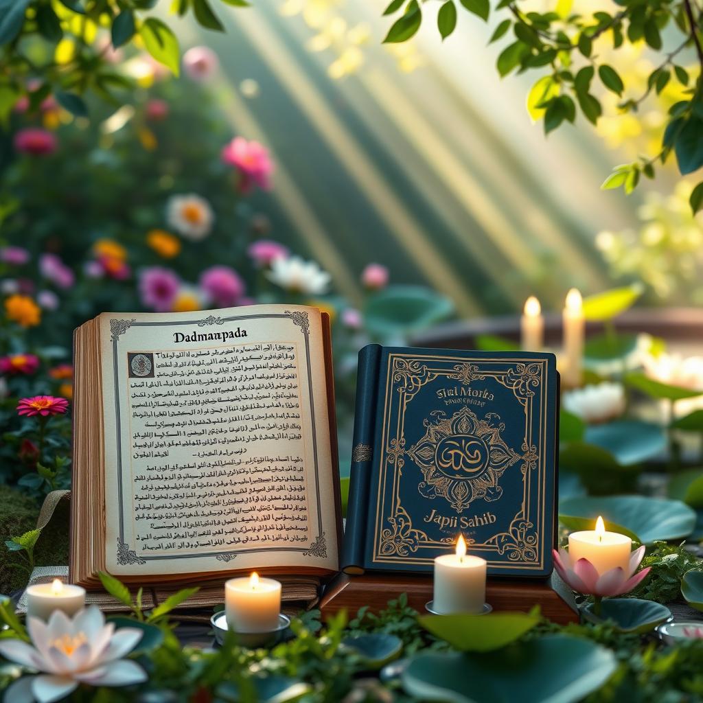 A peaceful and serene landscape featuring an open ancient manuscript of the Dhammapada beside an elegantly designed version of the Japji Sahib